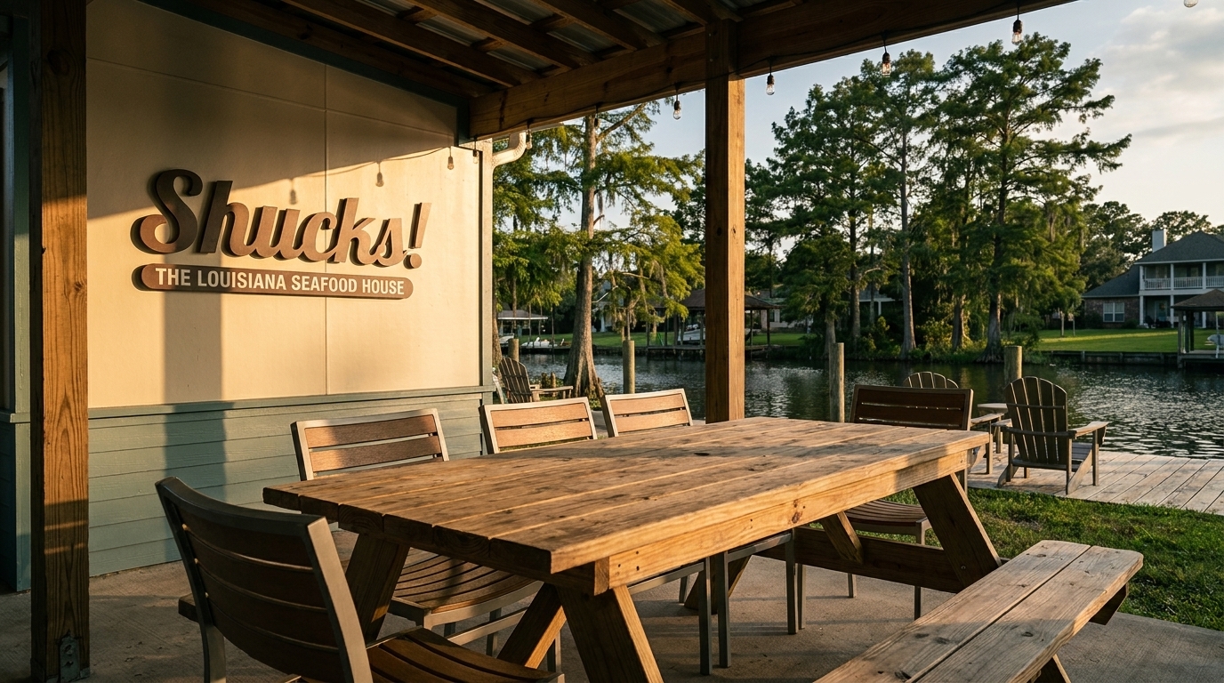 Shucks! The Louisiana Seafood House sign above an outdoor patio with a picnic table overlooking a bayou.