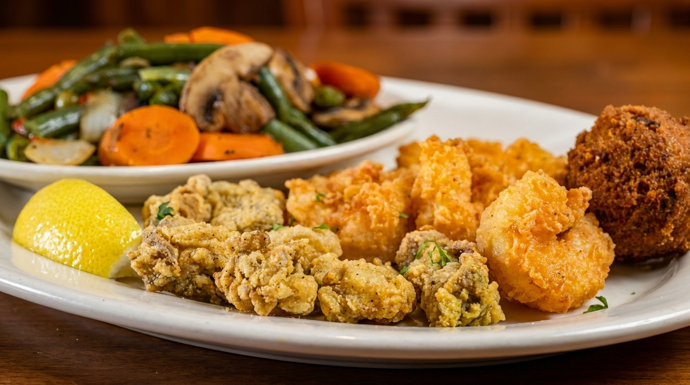 Fried shrimp, oysters, hushpuppy, and a side of mixed vegetables with a lemon wedge.