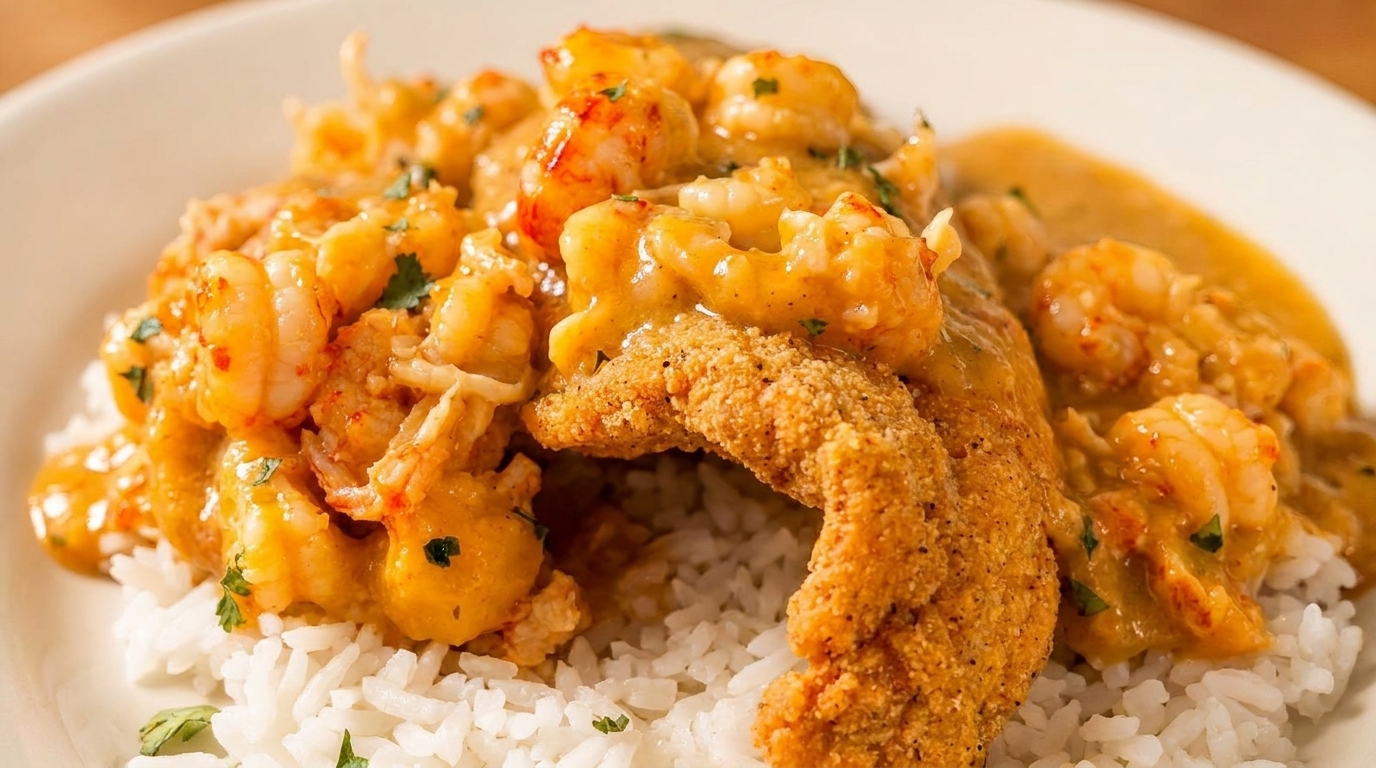 Fried catfish fillet topped with creamy crawfish étouffée and parsley, served over white rice.