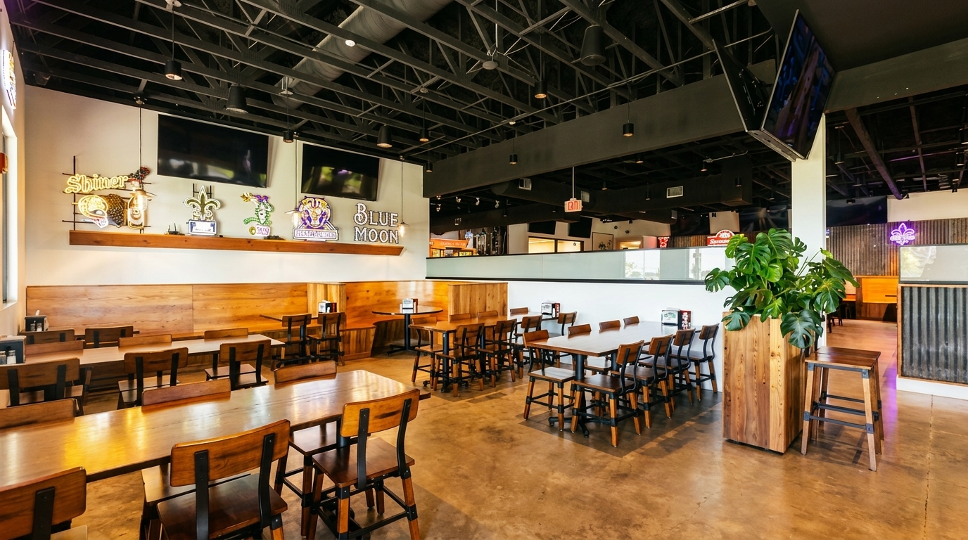Spacious restaurant interior with wooden tables and chairs, neon signs, and large TVs.