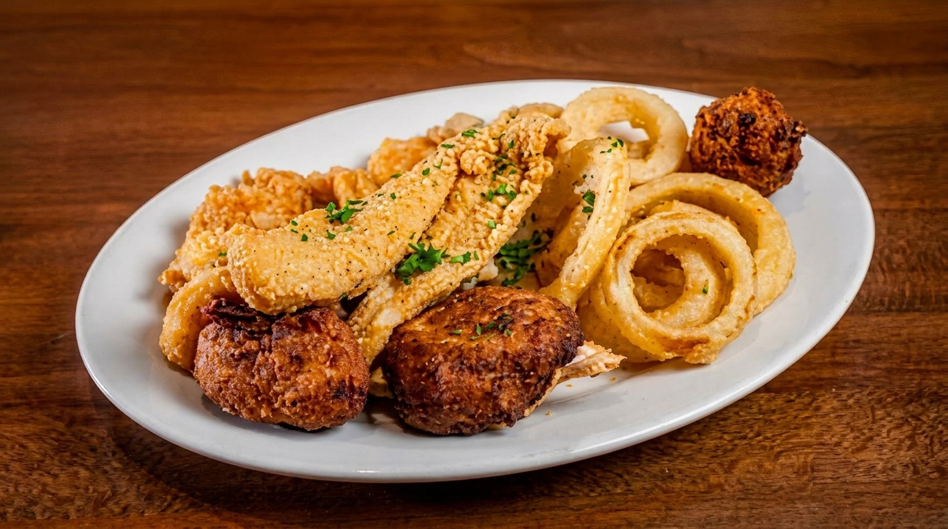 A white platter filled with fried fish, shrimp, onion rings, and hush puppies on a wooden table.