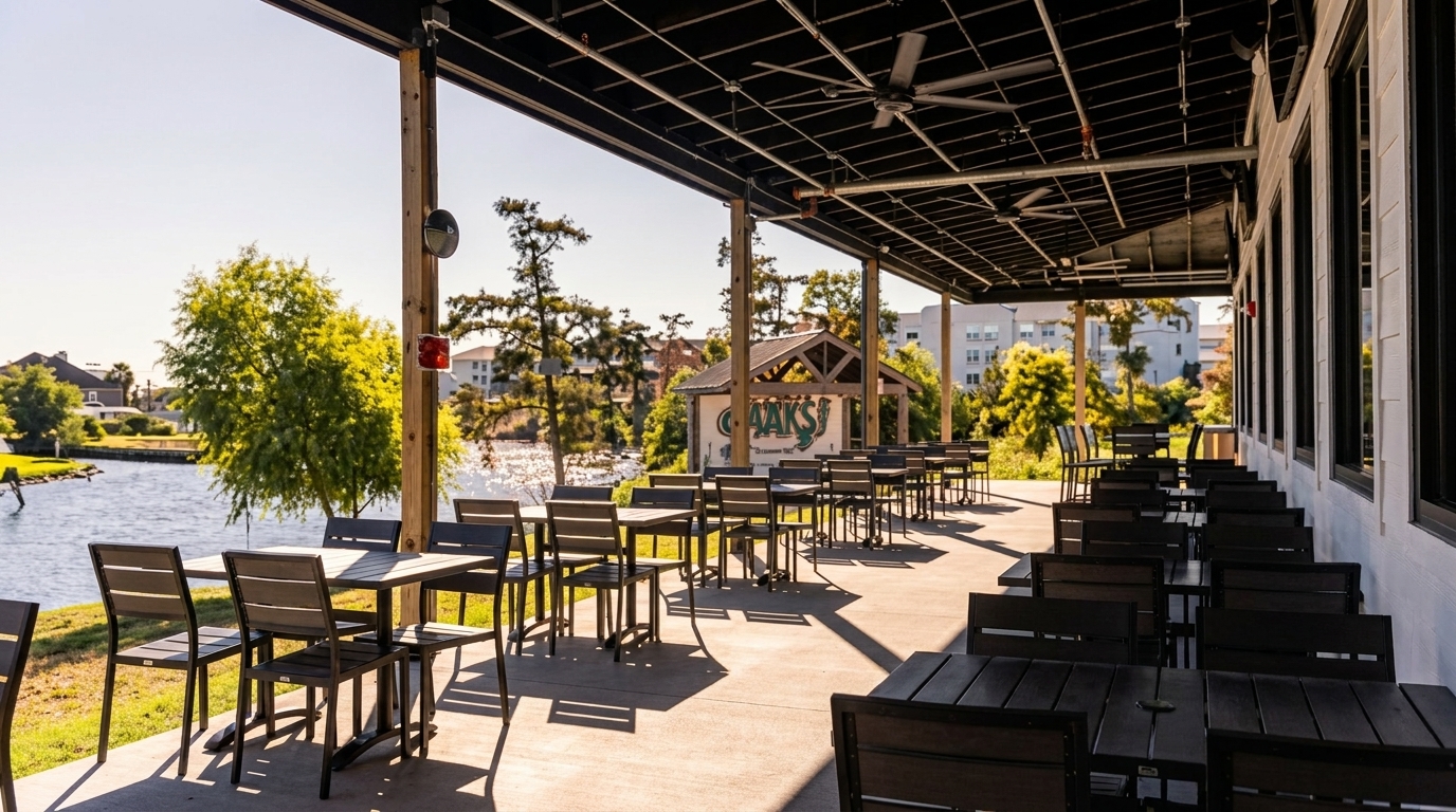 Outdoor patio dining area with tables and chairs under a covered roof, overlooking a lake.