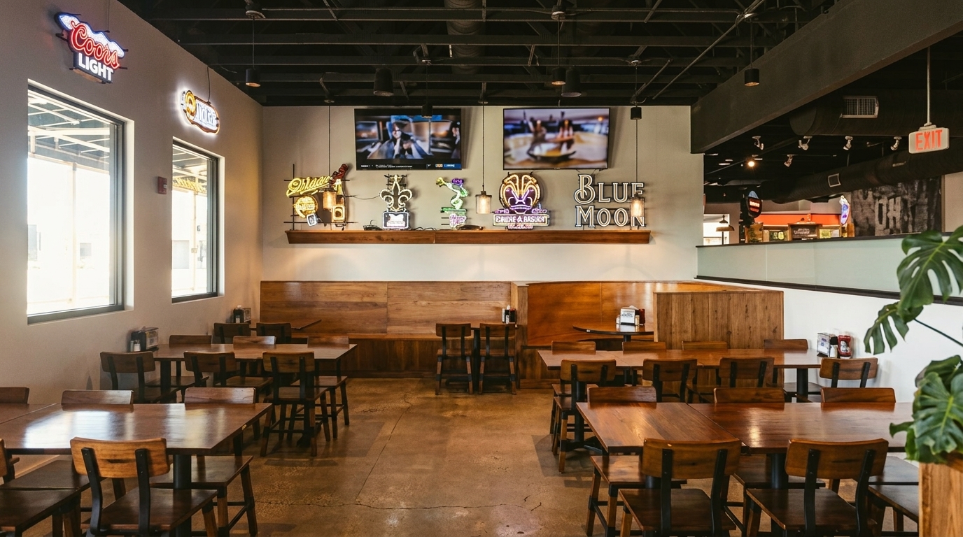 Restaurant interior with wooden tables and chairs, neon signs, and two large windows.