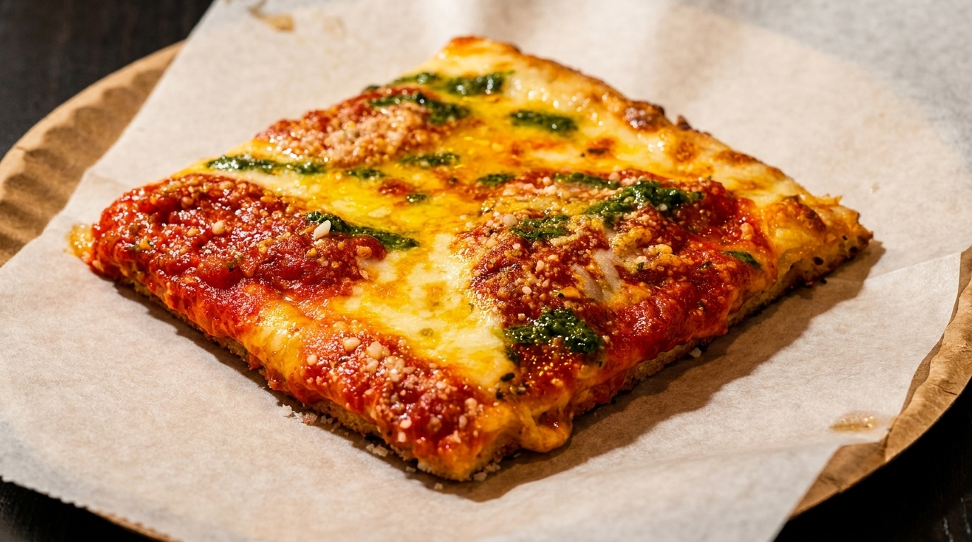 Square pizza slice with red sauce, melted cheese, pesto, and grated parmesan on parchment paper.