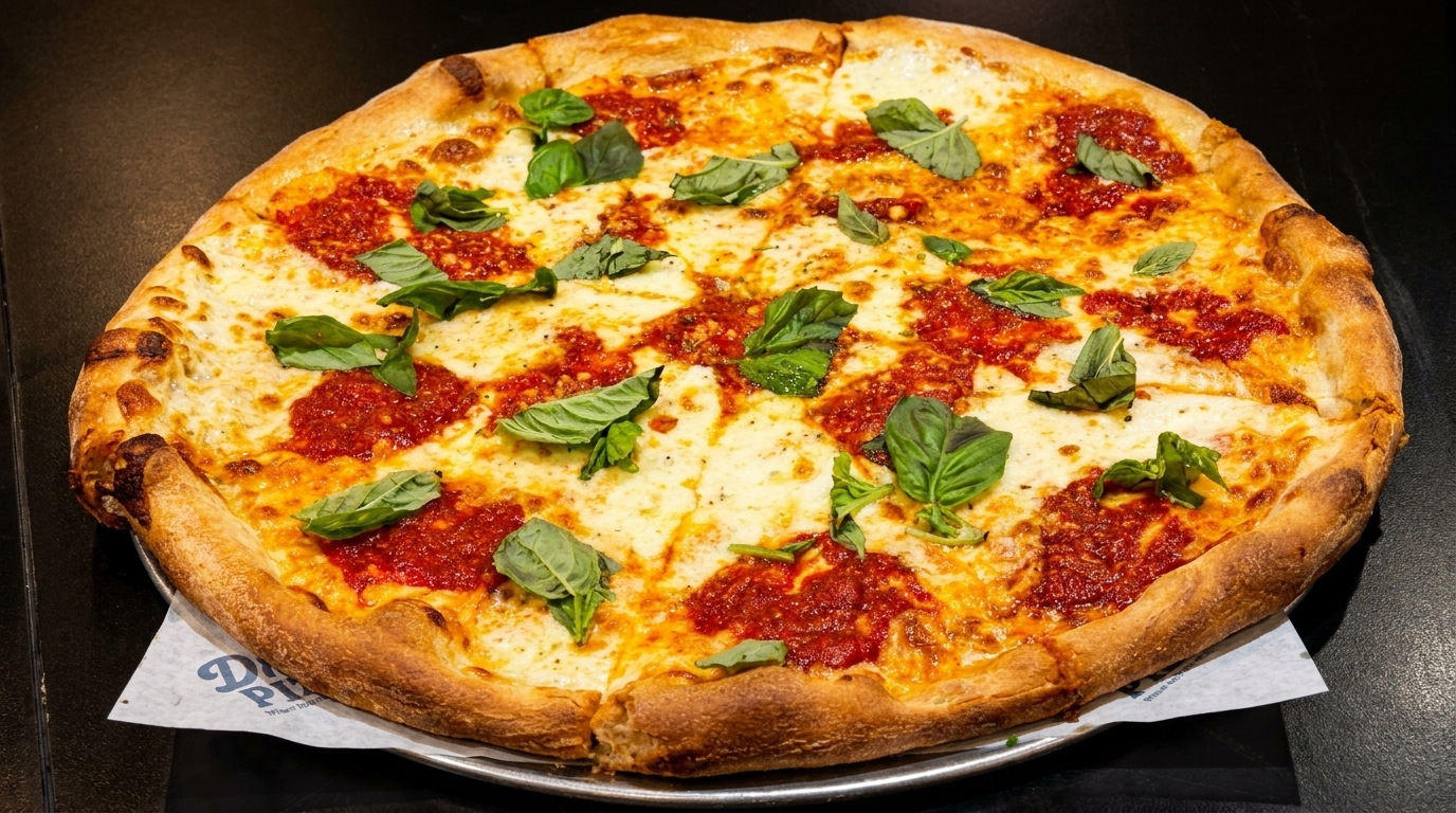A whole round Margherita pizza with fresh basil leaves, mozzarella, and tomato sauce on a metal pan.