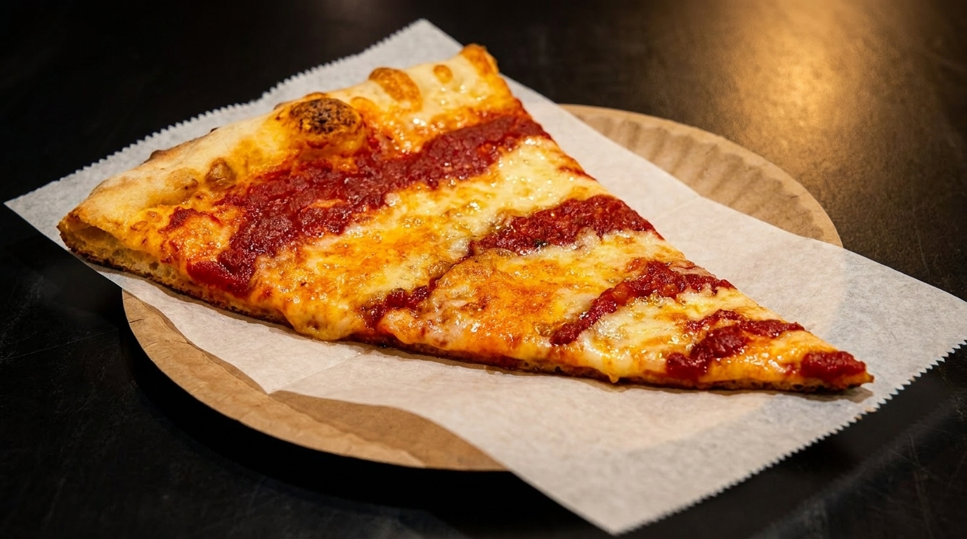 A single slice of cheese pizza with red sauce stripes on a paper plate.