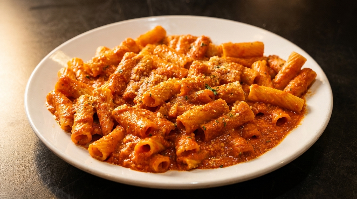 A white plate filled with rigatoni pasta in a rich red sauce, topped with grated cheese.
