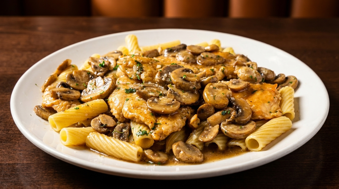 Chicken and mushrooms in a rich sauce, served with rigatoni pasta on a white plate.