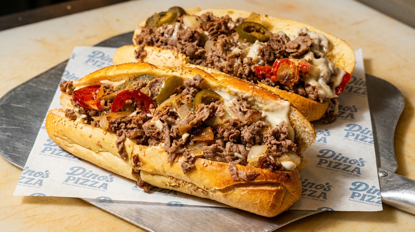 Two Dino's Pizza cheesesteaks with meat, cheese, onions, and peppers on branded paper.