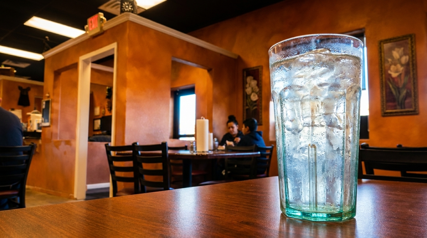 A glass of ice water on a wooden table in a restaurant with customers in the background.