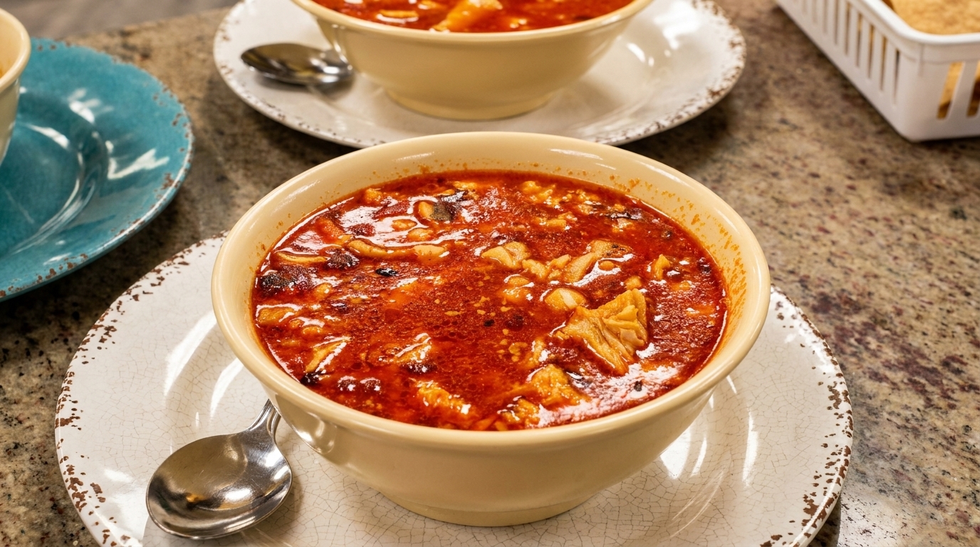 Two bowls of menudo soup with red broth and tripe, served on decorative plates with spoons.