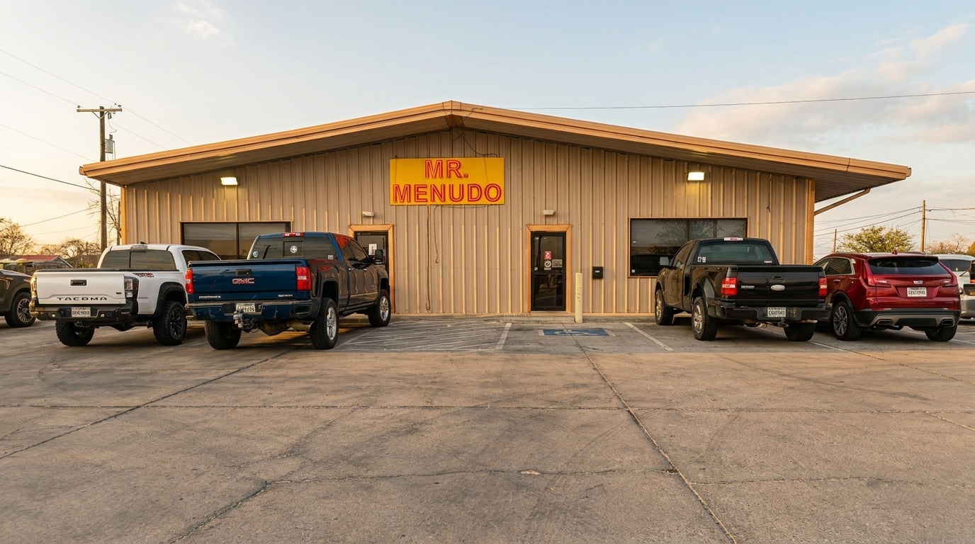 Exterior of Mr. Menudo restaurant with a yellow sign, tan building, and several trucks parked outside.
