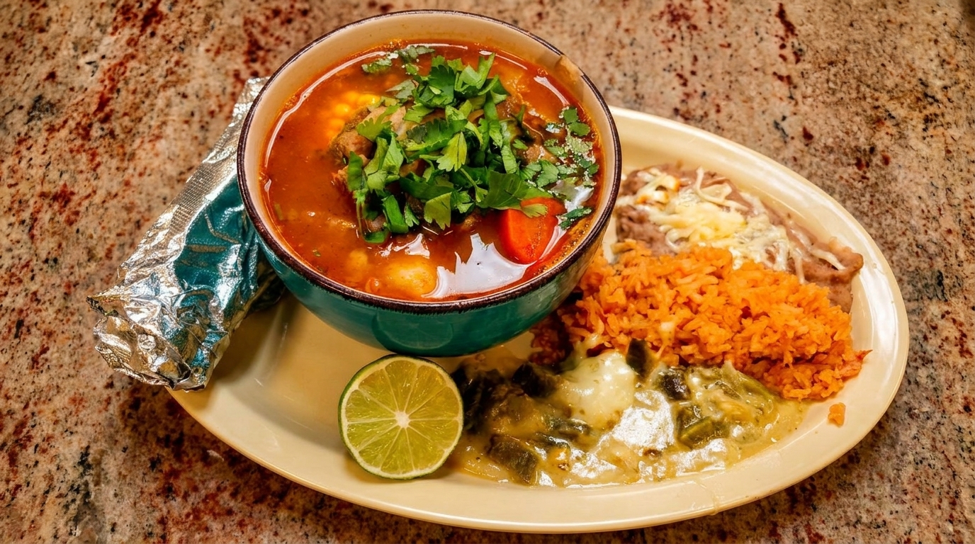 Hearty Mexican soup with cilantro, rice, beans, chile verde, and a lime wedge on a plate.