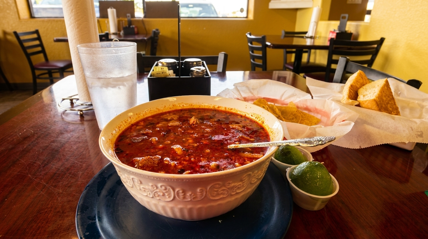 A large bowl of red stew with meat and beans, served with bread, chips, and limes.