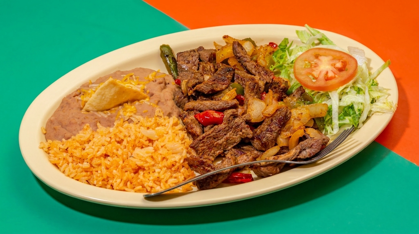 A plate of carne asada with rice, refried beans, and a side salad with tomato.