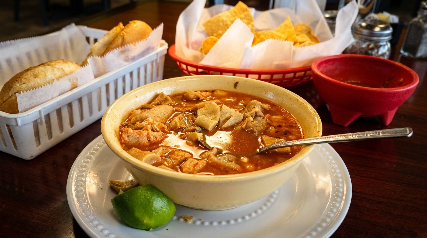 Hearty menudo soup with lime, bread, tortilla chips, and salsa on a wooden table.