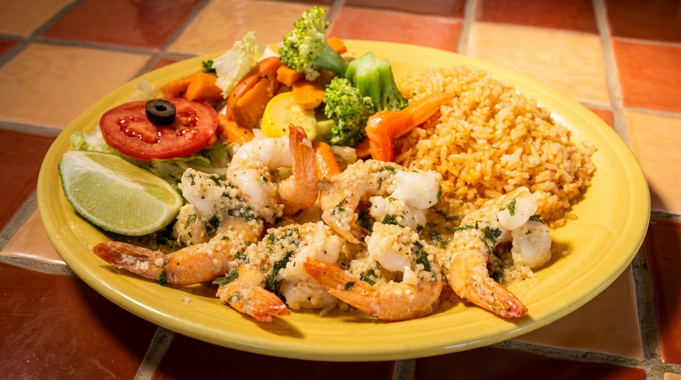 Garlic shrimp with rice, mixed vegetables, and a side salad with lime on a yellow plate.