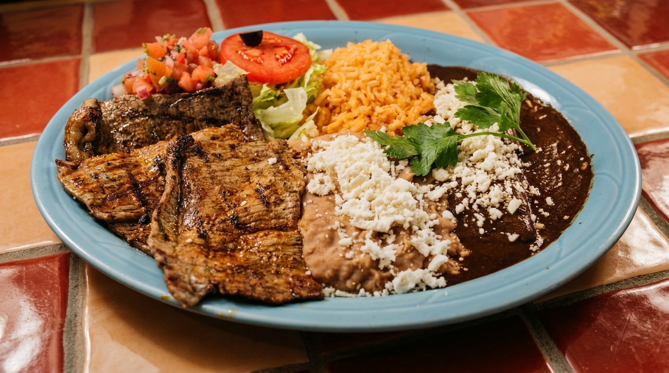 Grilled steak, rice, beans, salad, and pico de gallo on a blue plate.