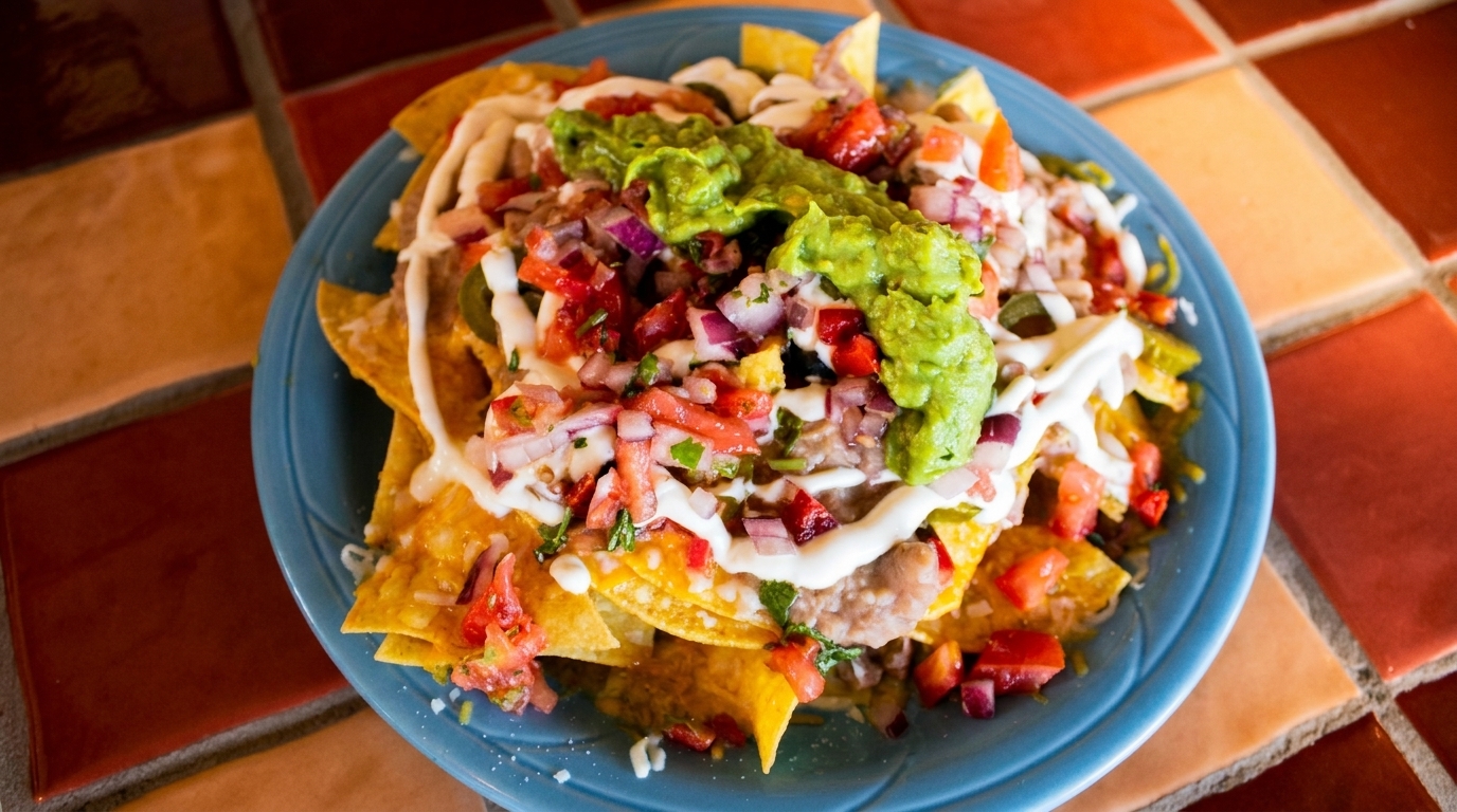 A blue plate of nachos topped with guacamole, salsa, sour cream, and refried beans.