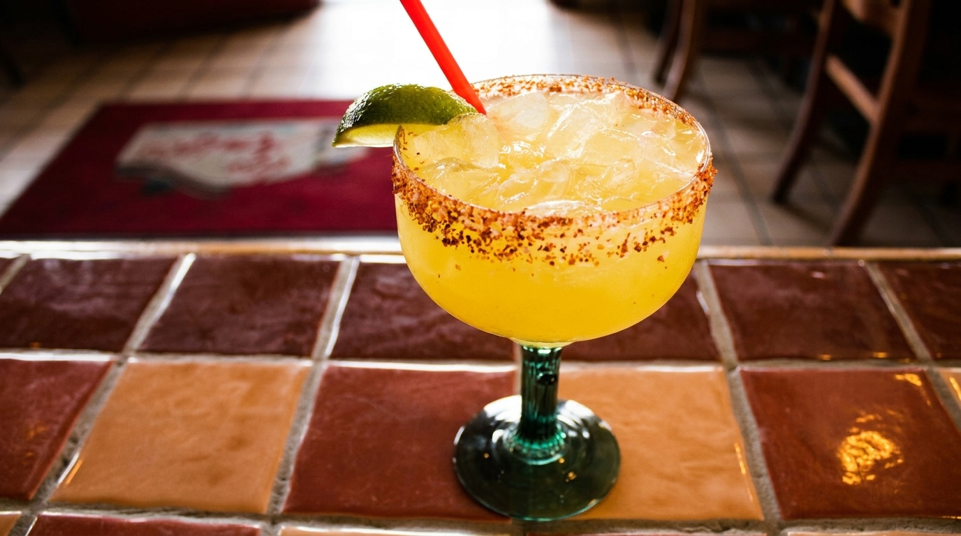 A margarita with a chili-lime rim, lime wedge, and red straw on a tiled table.