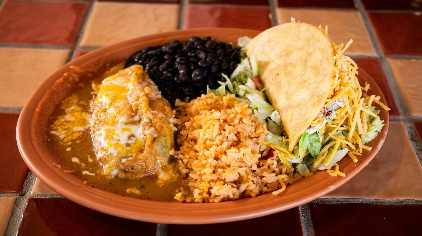 A Mexican combination plate with a chile relleno, black beans, rice, and a taco.