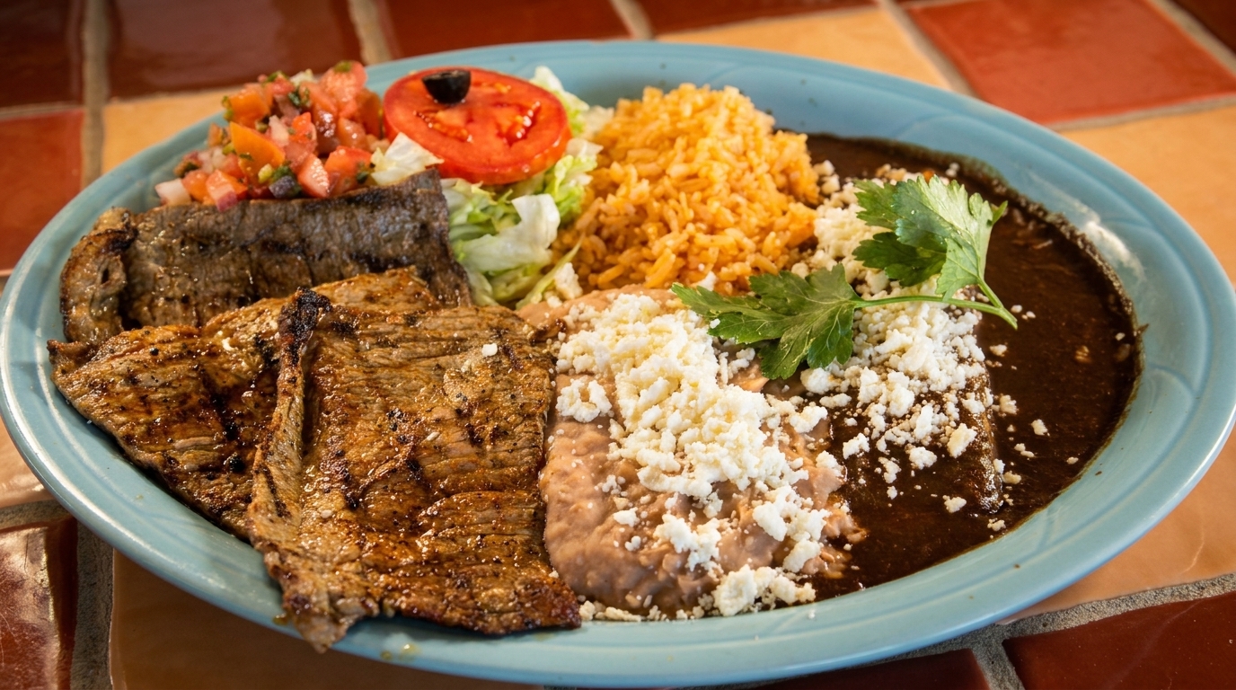 Grilled steak, rice, beans, salad, and pico de gallo on a blue plate.