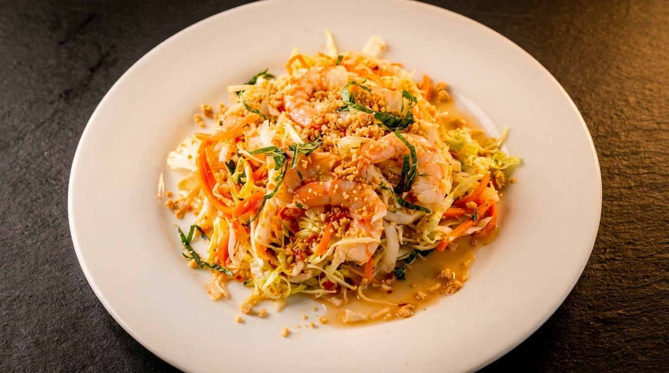 Shrimp salad with shredded cabbage, carrots, and peanuts on a white plate.