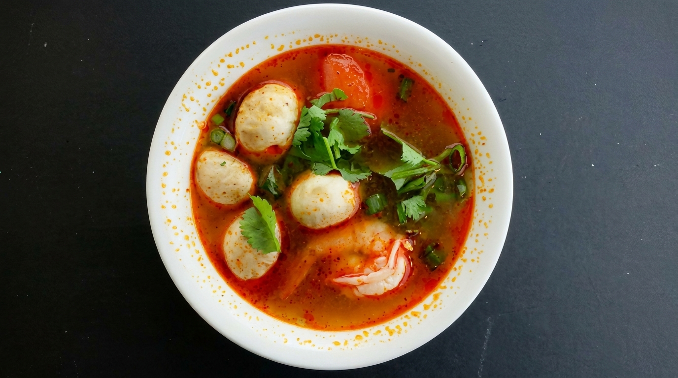 Spicy Tom Yum soup with shrimp, fish balls, and cilantro in a white bowl.