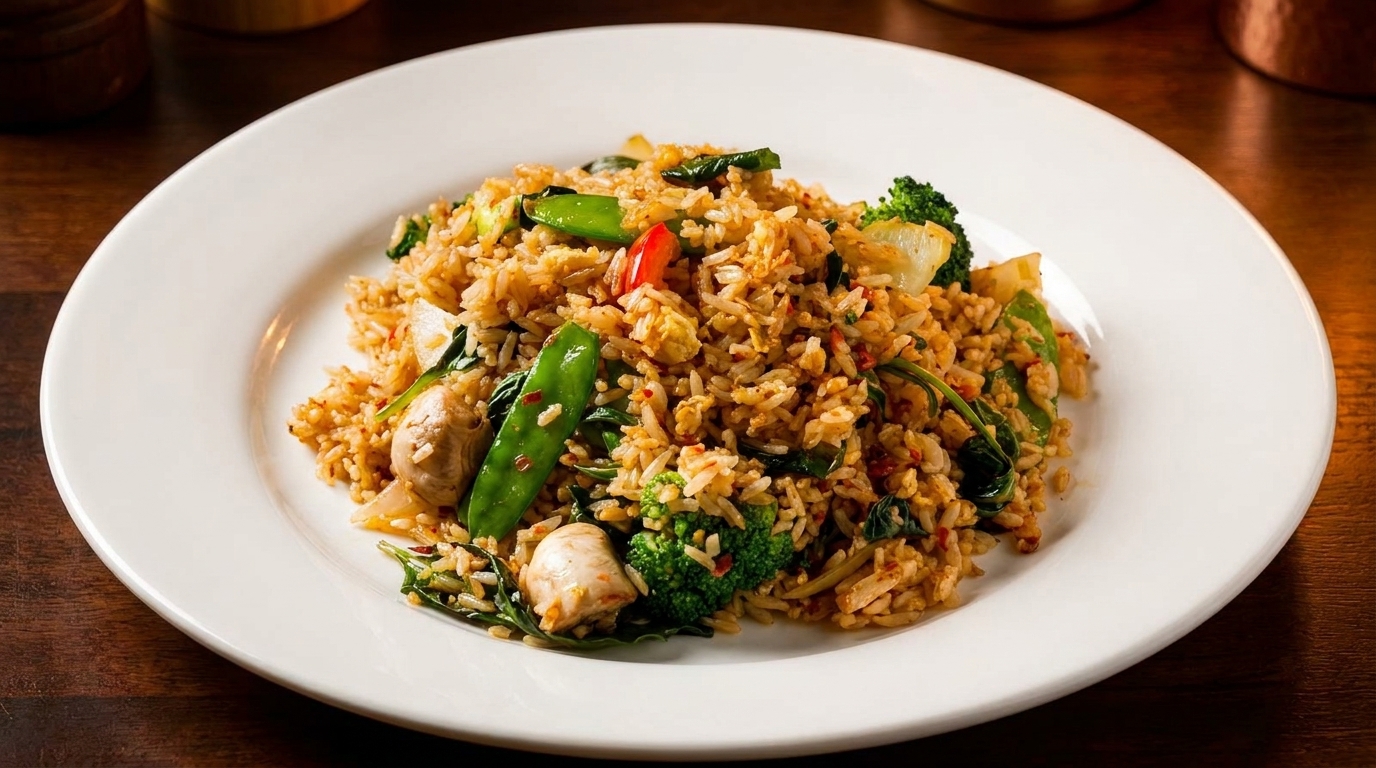 Spicy fried rice with chicken, broccoli, snow peas, and red peppers on a white plate.