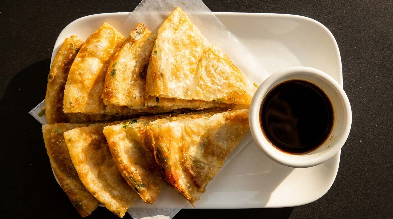 Golden-brown scallion pancakes, cut into triangles, served with a side of dark dipping sauce.