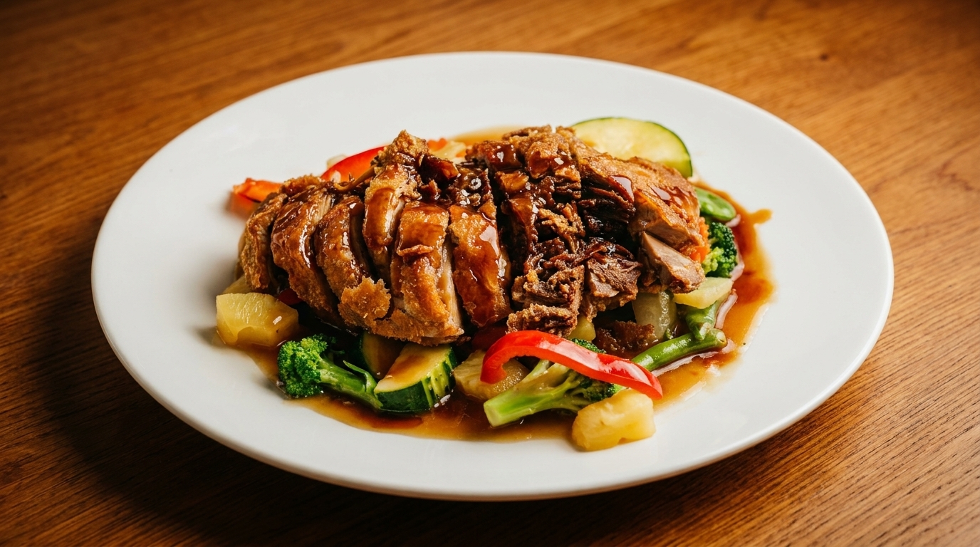Crispy duck with vegetables and sauce on a white plate, on a wooden table.