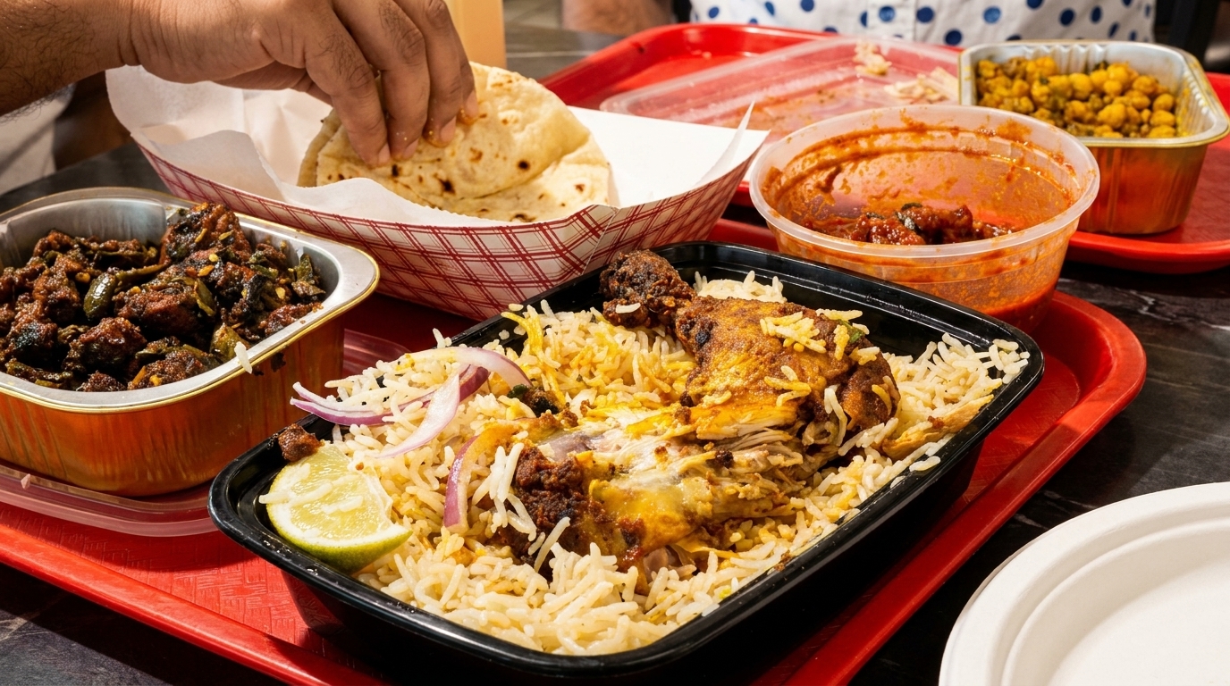 A hand reaches for naan bread, with chicken biryani, curry, and other Indian dishes on a red tray.