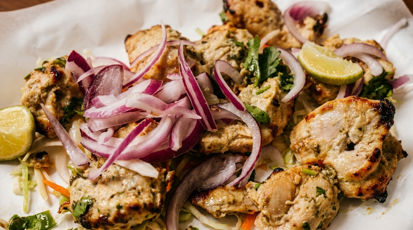 Close-up of grilled chicken tikka with red onions, cilantro, and lime wedges on white paper.