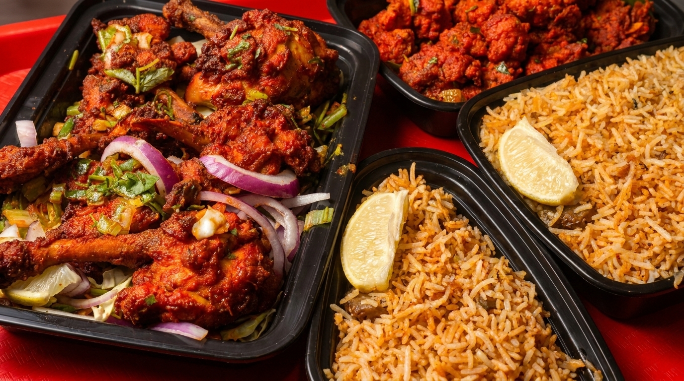 Spicy chicken drumsticks with red onions and cilantro, alongside biryani rice with lemon wedges.