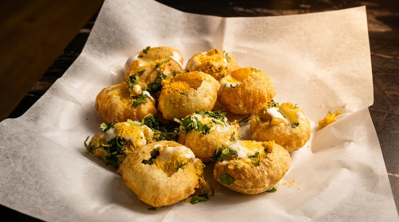 A close-up of golden pani puri shells filled with herbs, spices, and a creamy topping on parchment paper.