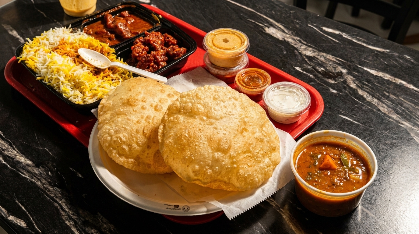 A red tray holds a takeout meal with biryani, chicken, two large puris, and various sauces on a marble table.