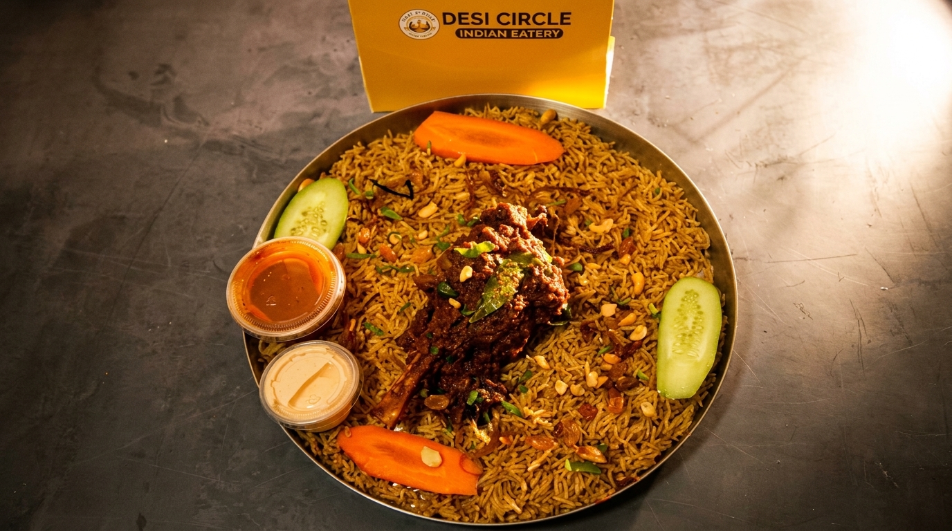 A large platter of Desi Circle Indian Eatery's biryani with a lamb shank, cucumbers, and sauces.