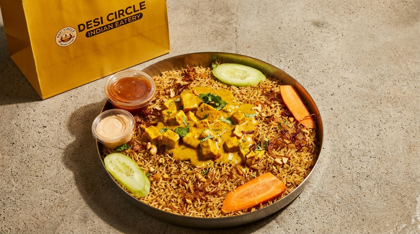 Desi Circle Indian Eatery takeout bag next to a large platter of biryani with paneer curry.