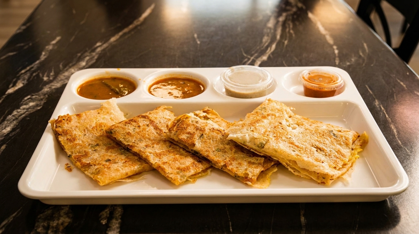 A white tray holds four folded dosas and four small cups of dipping sauces on a dark marble table.