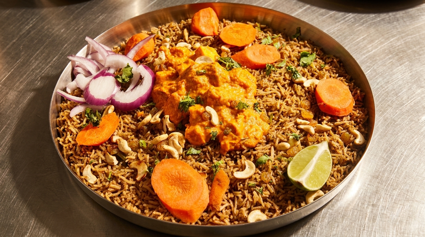 A large platter of chicken biryani with rice, carrots, cashews, raisins, red onion, and lime.