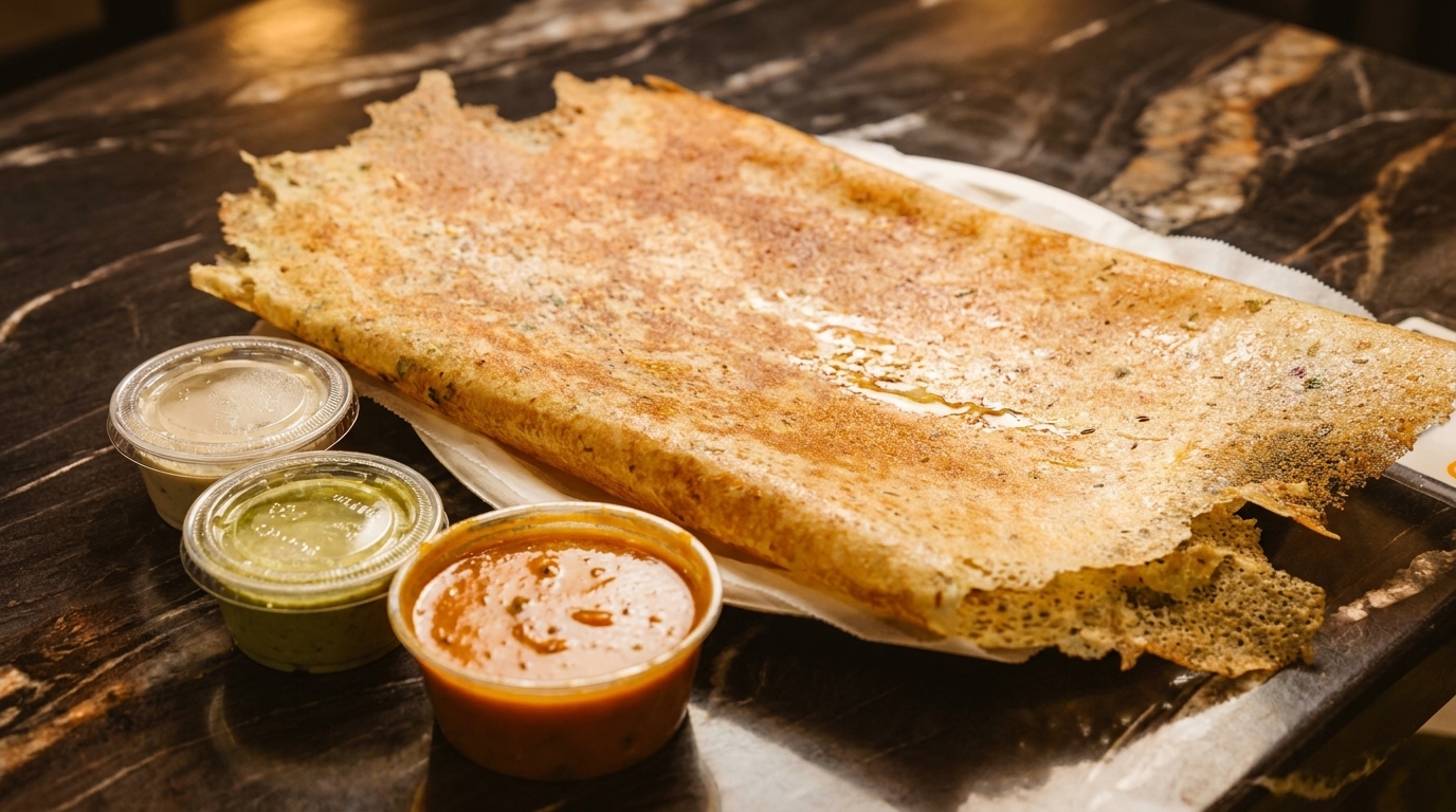 Crispy golden dosa served with three small containers of colorful chutneys on a dark marble table.