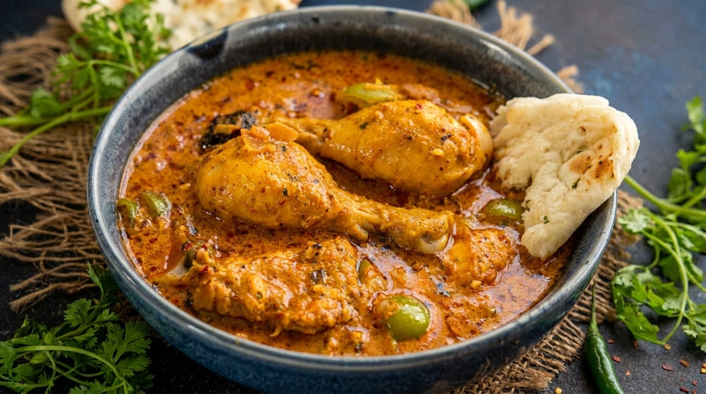 Chicken curry with drumsticks and green peppers in a bowl, served with naan bread and cilantro.
