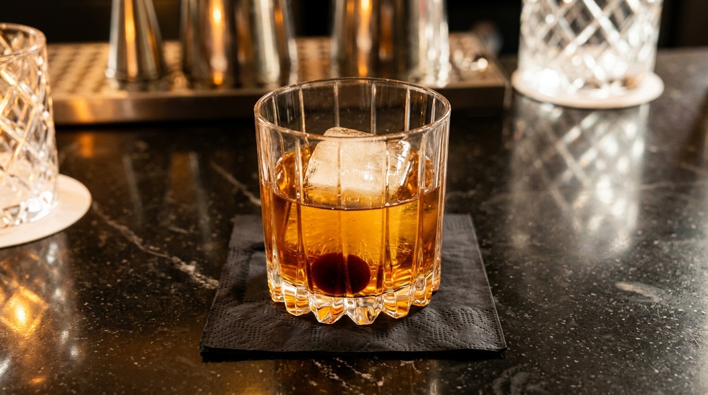 An Old Fashioned cocktail with a large ice cube and cherry on a black napkin.