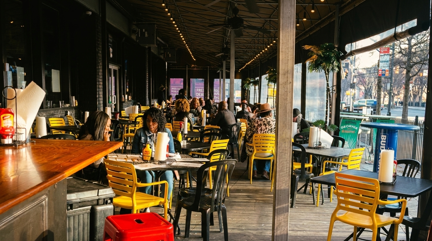 Restaurant patio with patrons dining at black tables with bright yellow and black chairs.