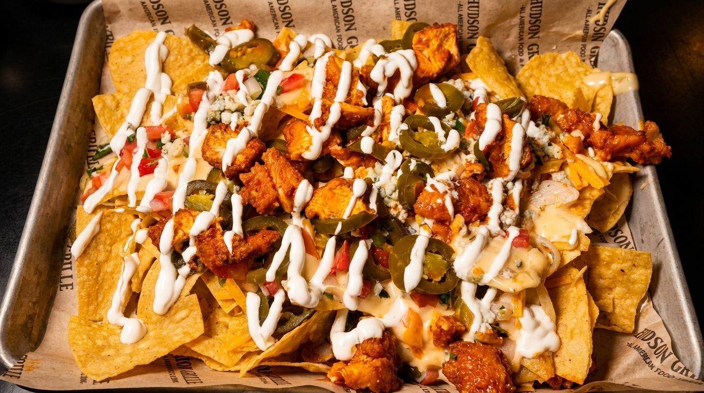 Loaded nachos with buffalo chicken, jalapeños, cheese sauce, and ranch drizzle on a metal tray.