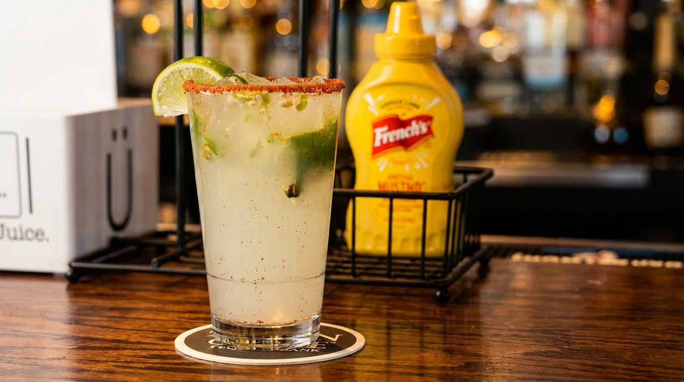 A lime-garnished cocktail with a chili-salt rim sits on a bar next to a bottle of French's mustard.
