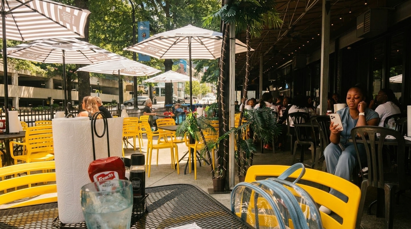 Lively outdoor restaurant patio with people, striped umbrellas, and bright yellow chairs on a sunny day.