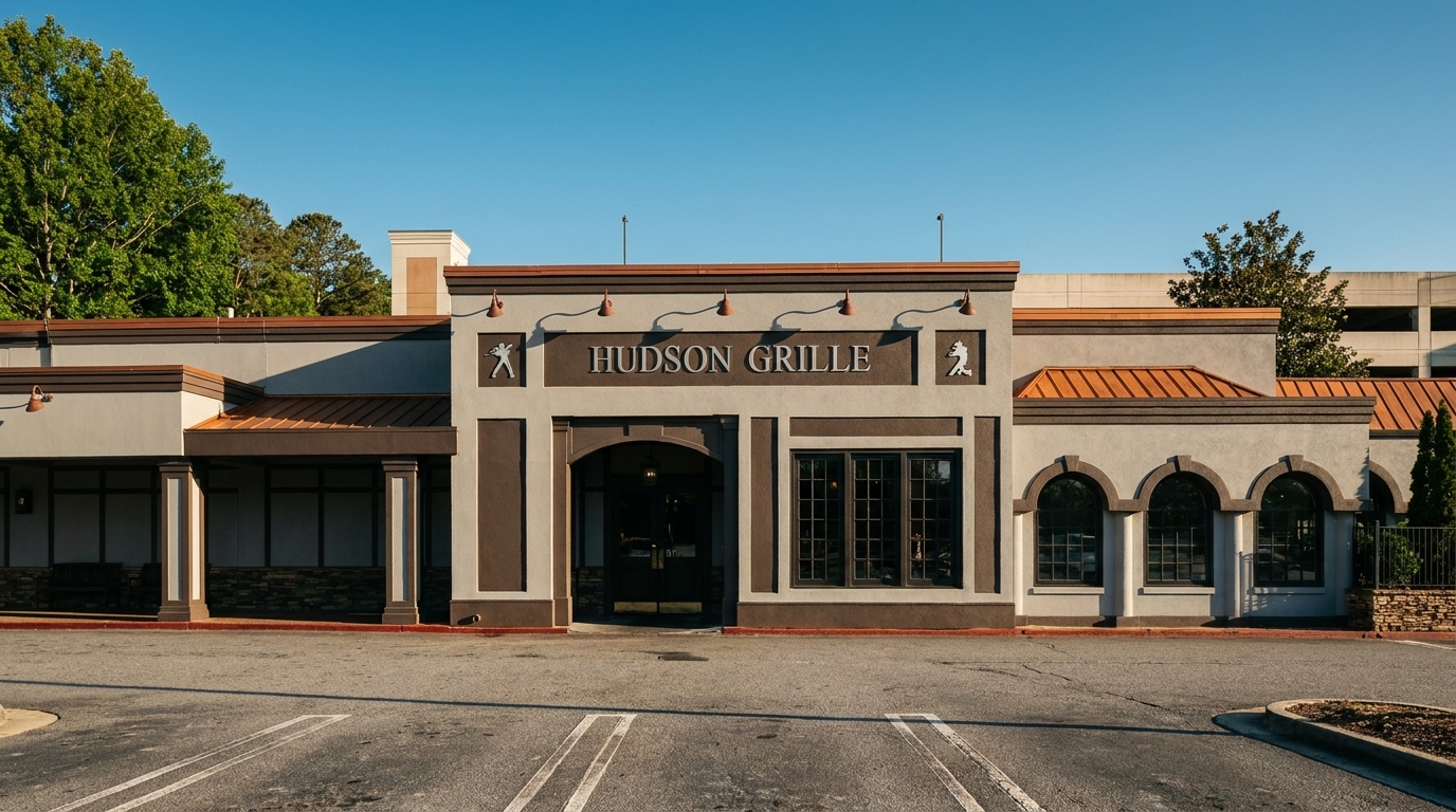 Exterior of Hudson Grille restaurant with a large parking lot in the foreground.