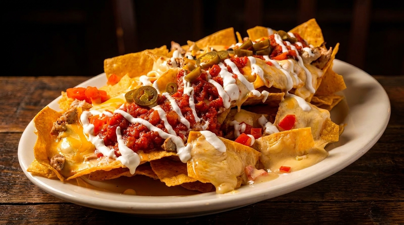 A large plate of loaded nachos with cheese, salsa, jalapeños, and sour cream.