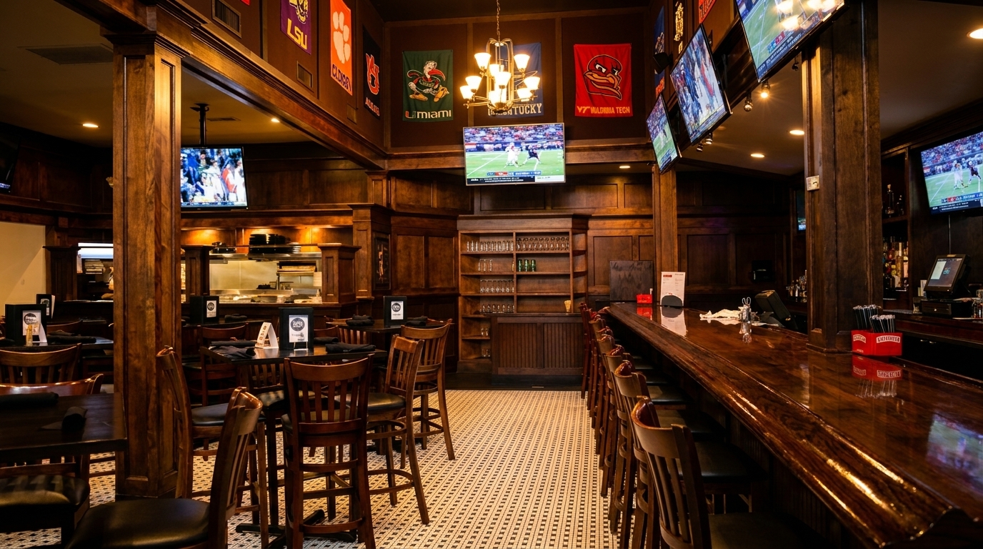 A sports bar interior with dark wood paneling, multiple TVs, a long bar, and dining tables.